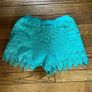 Teal crochet shorts